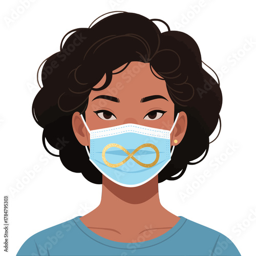 Young woman wearing face mask with infinity symbol design