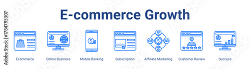 E-Commerce Growth web icon vector illustration concept with icon of Ecommerce, Online Business, Mobile Banking, Subscription, Affiliate Marketing, Customer Review, Success