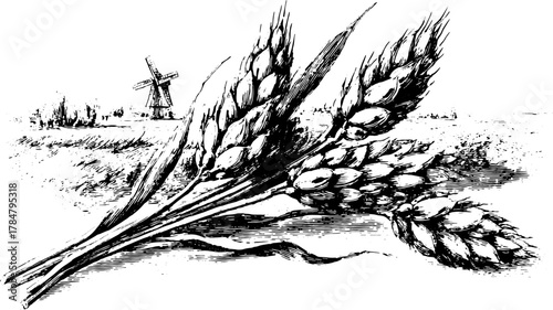 Wheat crop engraving in vintage style. Featuring an outline of wheat bundles in a rural landscape. Vector illustration.
