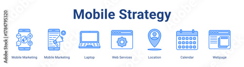 Mobile Strategy web icon vector illustration concept with icon of Mobile Marketing, Mobile Marketing, Laptop, Web Services, Location, Calendar, Webpage