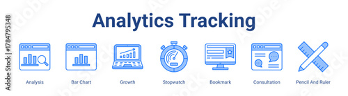 Analytics Tracking web icon vector illustration concept with icon of Analysis, Bar Chart, Growth, Stopwatch, Bookmark, Consultation, Pencil And Ruler