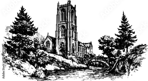 Vintage church illustration with detailed line drawing in black and white. Scenic landscape includes trees and a river in a vector style set.