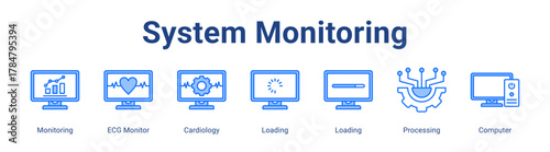 System Monitoring web icon vector illustration concept with icon of Monitoring, ECG Monitor, Cardiology, Loading, Loading, Processing, Computer