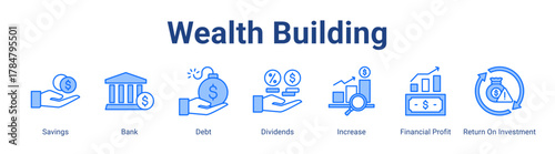 Wealth Building web icon vector illustration concept with icon of Savings, Bank, Debt, Dividends, Increase, Financial Profit, Return On Investment