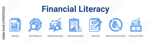 Financial Literacy web icon vector illustration concept with icon of Literacy, Due Diligence, Market Research, Risk Assessment, Valuation, Return On Investment, Financial Profit