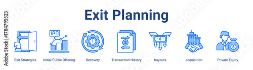 Exit Planning web icon vector illustration concept with icon of Exit Strategies, Initial Public Offering, Recovery, Transaction History, buyouts, acquisition, Private Equity