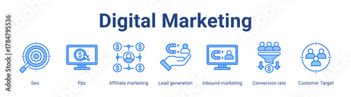 Digital Marketing web icon vector illustration concept with icon of Seo, Ppc, Affiliate marketing, Lead generation, Inbound marketing, Conversion rate, Customer Target