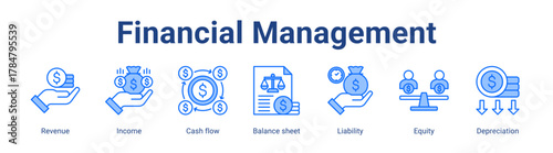 Financial Management web icon vector illustration concept with icon of Revenue, Income, Cash flow, Balance sheet, Liability, Equity, Depreciation