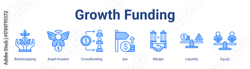 Growth Funding web icon vector illustration concept with icon of Bootstrapping, Angel Investor, Crowdfunding, Ipo, Merger, Liquidity, Equity
