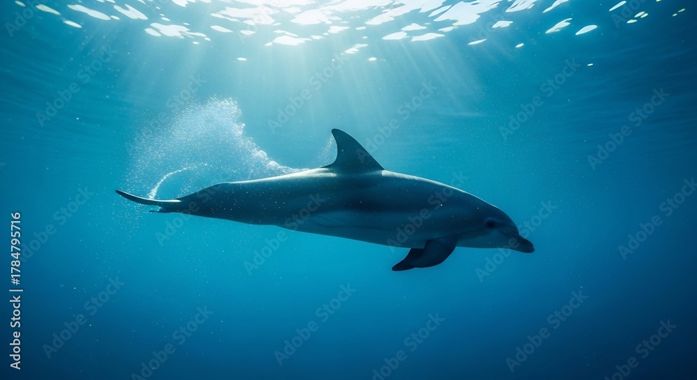 Fototapeta premium A dolphin swims underwater illuminated by sun rays