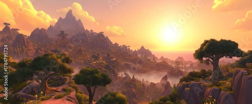Golden Hour in Pandaria: A Breathtaking Vista of Mountains and Ancient Temples