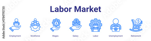 Labor Market web icon vector illustration concept with icon of Employment, Workforce, Wages, Salary, Labor, Unemployment, Retirement