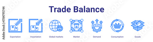 Trade Balance web icon vector illustration concept with icon of Exportation, Importation, Global markets, Market, Demand, Consumption, Goods