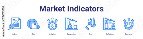 Market Indicators web icon vector illustration concept with icon of Index, Gdp, Inflation, Recession, Rise, Deflation, Demand