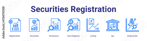 Securities Registration web icon vector illustration concept with icon of Registration,Securities,Disclosure,Due Diligence,Listing,Ipo,Underwriter