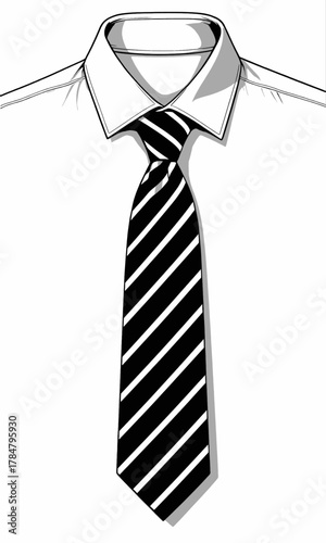 Black striped tie with white shirt collar isolated on transparent background