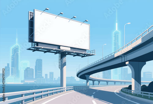 Blank billboard overlooking futuristic cityscape with elevated highway