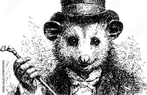 Vintage illustration of a dapper possum in a top hat and bow tie, holding a cane. This detailed vector art reflects classic animal illustration.