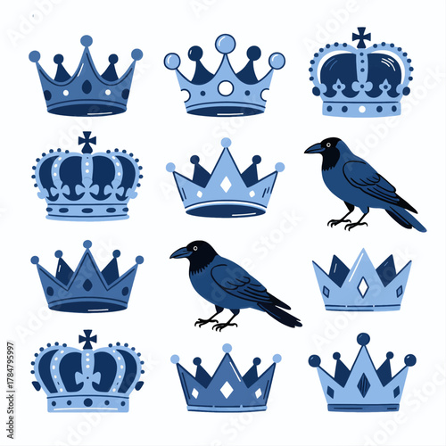Blue Crown and Raven Icon Set Collection
