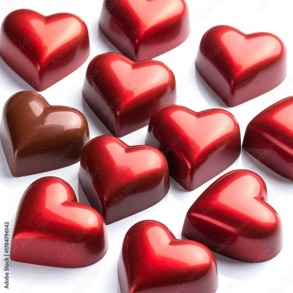 Fototapeta premium A close-up showcases a collection of glossy, heart-shaped chocolates, primarily red, with one brown, against a white background