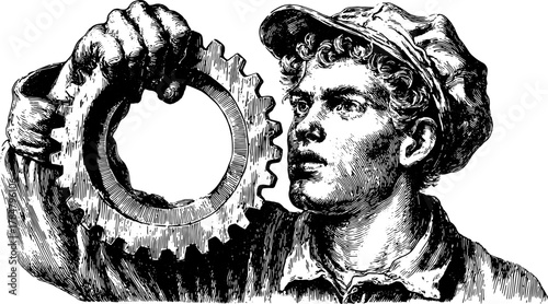 Worker holding a gear in a black outline drawing. Vintage engraving vector illustration showcasing manual labor and industry themes.