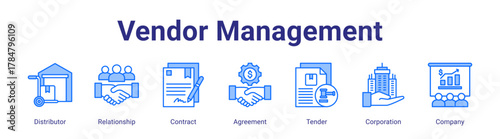 Vendor Management web icon vector illustration concept with icon of Distributor,Relationship,Contract,Agreement,Tender,Corporation,Company