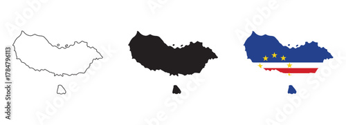 Cape Verde map vector with editable country outline black silhouette and national flag featuring blue background red white stripe with yellow stars for geography, education, and travel design