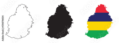 Mauritius map vector with editable country outline black silhouette and national flag featuring red blue yellow green stripes for geography, travel, education, and tropical island illustration design