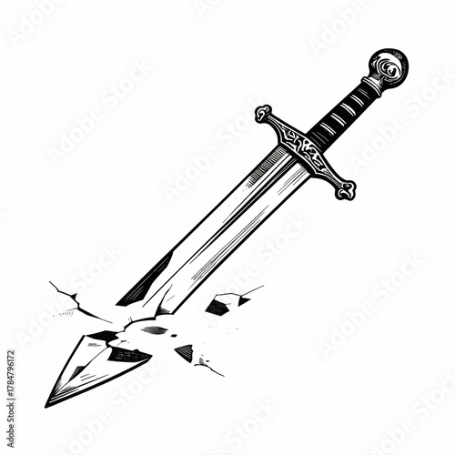 Classic Medieval Sword Piercing Stone Illustration