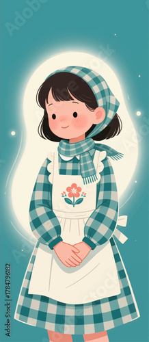Charming Girl in Plaid Outfit with Floral Apron