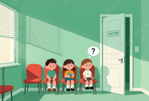 Children waiting nervously in doctor's office
