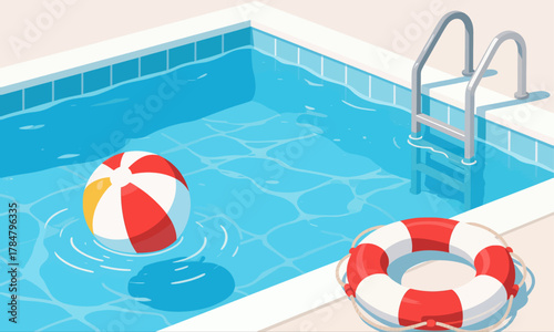 Colorful beach ball floating in clear swimming pool with lifebuoy nearby