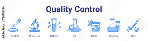 Quality Control web icon vector illustration concept with icon of Petri Dish,Microscope,Test Tube,Flask,Beaker,Chemistry,Toxic