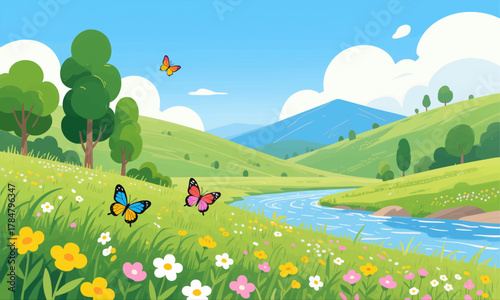 Colorful butterflies fluttering over blooming meadow with winding river
