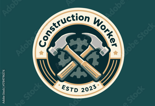 Construction Worker Badge with Hammers and Gears Design
