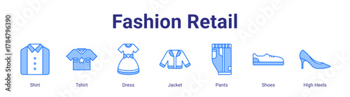 Fashion Retail web icon vector illustration concept with icon of Shirt,Tshirt,Dress,Jacket,Pants,Shoes,High Heels