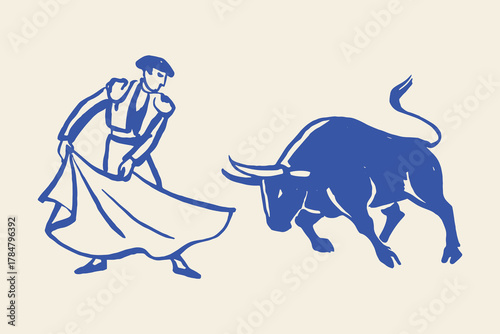 Matador and bull, naive doodle sketch vector illustration