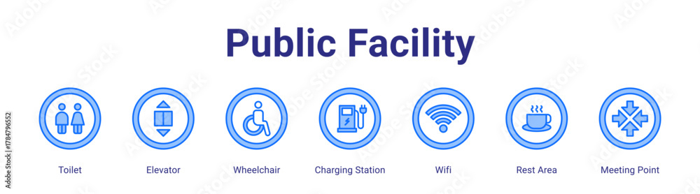 Fototapeta premium Public Facility web icon vector illustration concept with icon of Toilet,Elevator,Wheelchair,Charging Station,Wifi,Rest Area,Meeting Point
