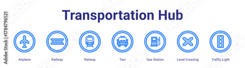 Transportation Hub web icon vector illustration concept with icon of Airplane,Railway,Railway,Taxi,Gas Station,Level Crossing,Traffic Light