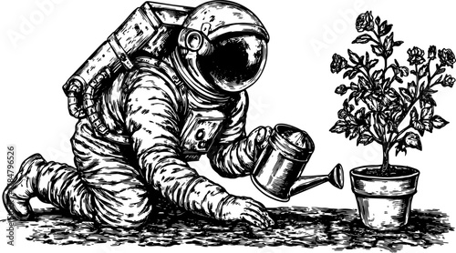 Astronaut watering a plant in a pot. Detailed vector illustration showcasing a unique gardening concept in space.