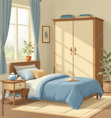 Cozy Bedroom with Blue Bedding and Wooden Furniture