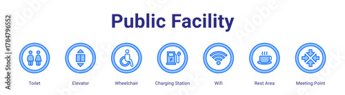 Public Facility web icon vector illustration concept with icon of Toilet,Elevator,Wheelchair,Charging Station,Wifi,Rest Area,Meeting Point