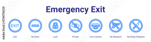Emergency Exit web icon vector illustration concept with icon of Exit,No Entry,Lock,Private,Cctv Camera,No Weapons,No Sharp Weapons