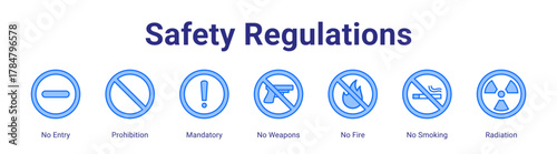Safety Regulations web icon vector illustration concept with icon of No Entry,Prohibition,Mandatory,No Weapons,No Fire,No Smoking,Radiation