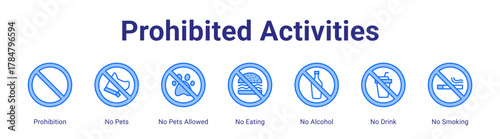 Prohibited Activities web icon vector illustration concept with icon of Prohibition,No Pets,No Pets Allowed,No Eating,No Alcohol,No Drink,No Smoking