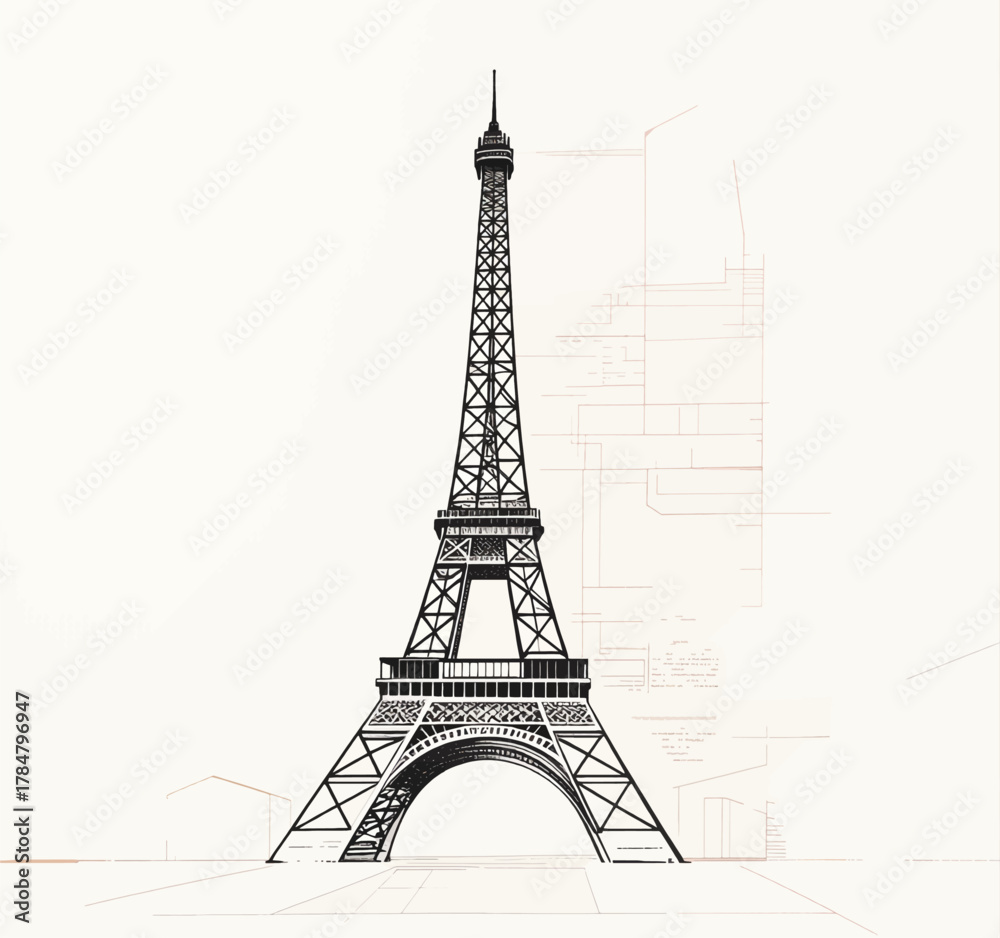 Fototapeta premium Eiffel Tower Architectural Blueprint Sketch Design Illustration