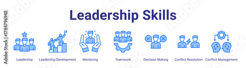 Leadership Skills web icon vector illustration concept with icon of Leadership,Leadership Development,Mentoring,Teamwork,Decision Making,Conflict Resolution,Conflict Management