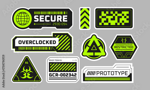 Cyberpunk Tech Stickers: Neon Green UI, HUD, and Futuristic Secure/Prototype Badges
