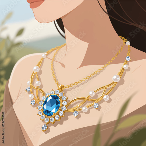 Elegant Gold Necklace with Blue Sapphire and Pearl Accents