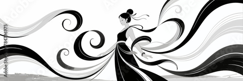 Elegant Woman Dancing Amidst Flowing Abstract Swirls in Monochrome